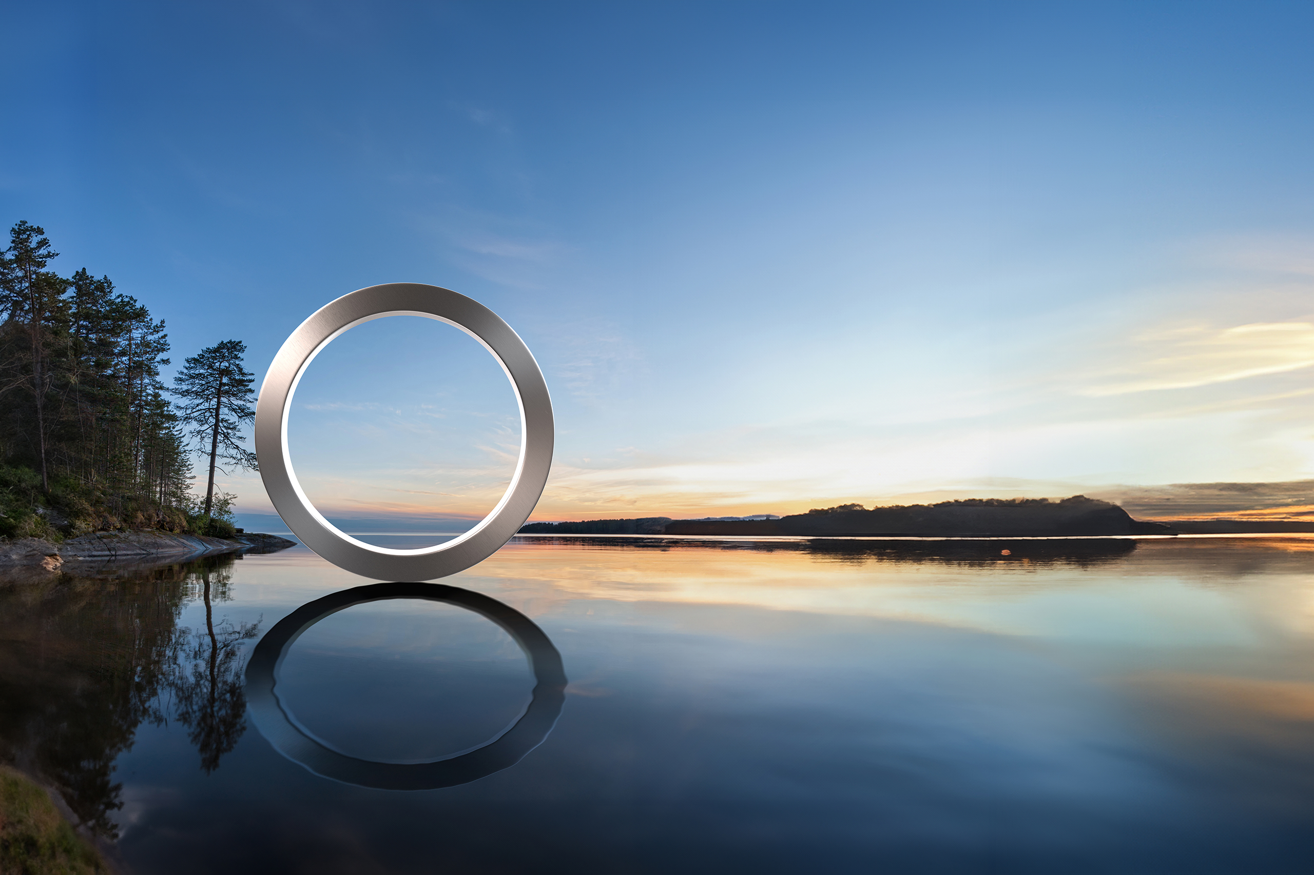 Lake with Sun and evening glow reflecting in calm water