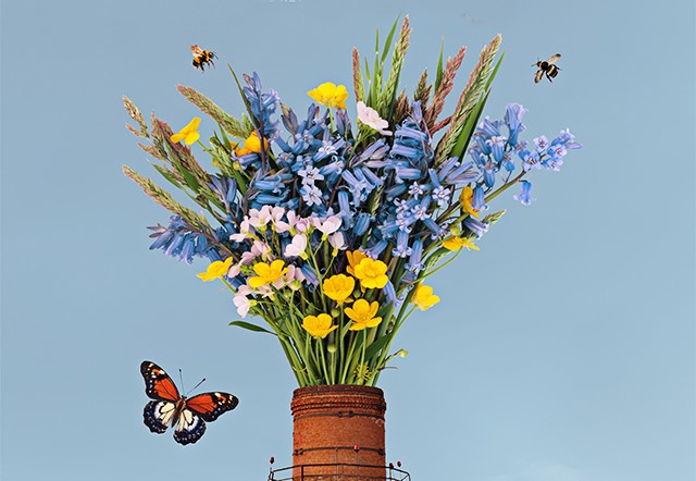 chimney with flowers and insects