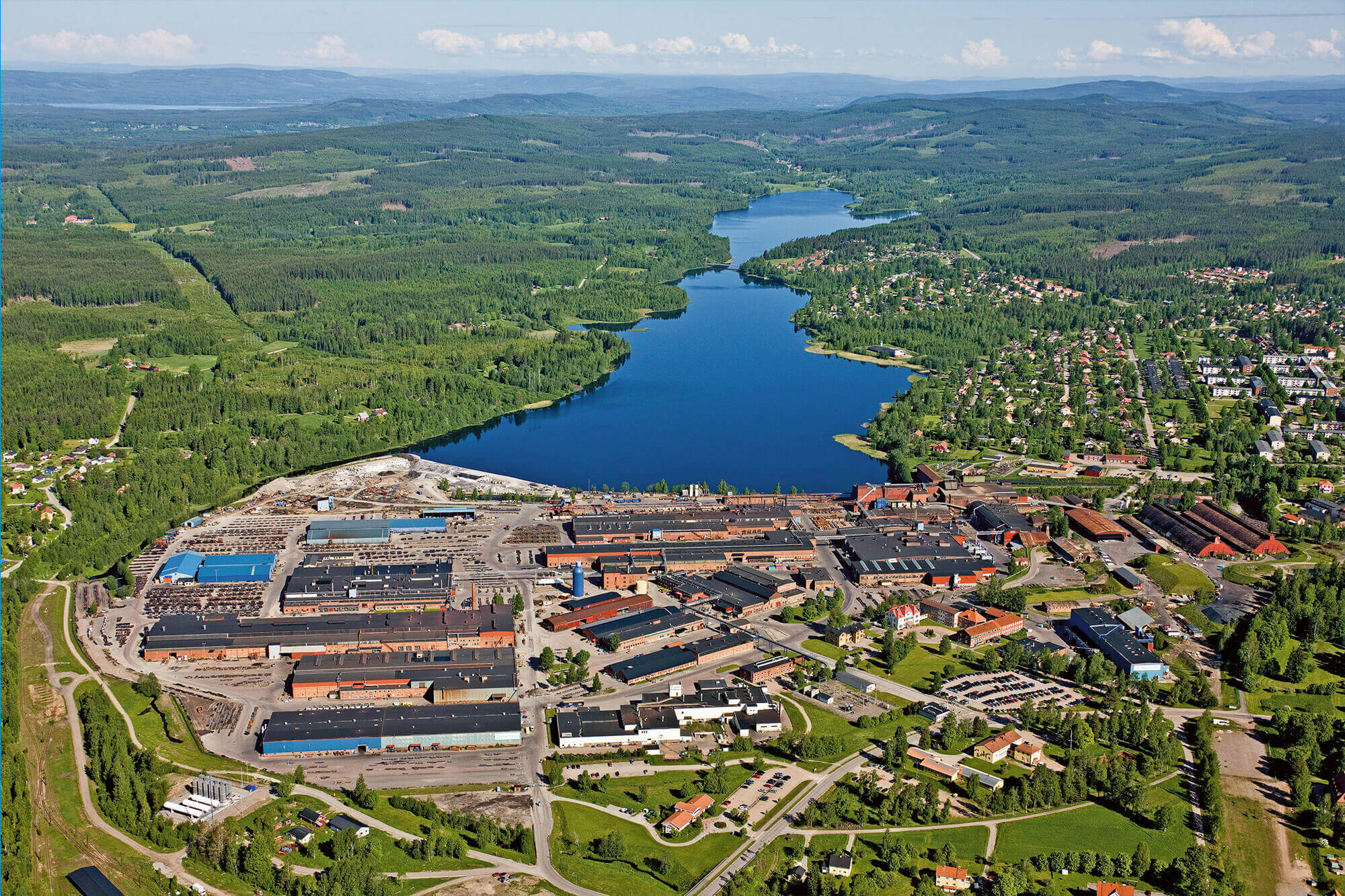 Aerial view of the Uddeholm steel plant facilities in Hagfors, Sweden